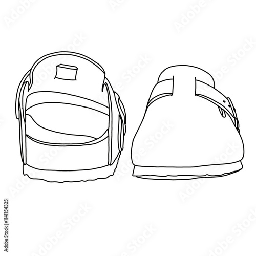 Women's Mules Arch Support Potato Shoes with Comfort Cork Footbed Line art, Technical sketch hand drawing outline vector doodle front and rear view isolated on white background for coloring page