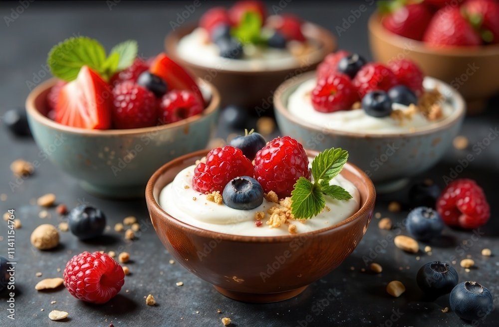 Fresh berry and yogurt parfaits with granola and mint garnish