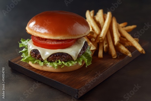 Juicy cheeseburger with melted cheese, lettuce, tomato, and a side of crispy french fries on a wooden board. photo