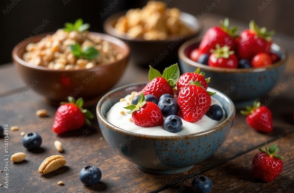 Fresh berries and yogurt in rustic bowls on wooden table Fresh berries and yogurt in rustic bowls on wooden table