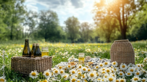 A clean, minimalist illustration of a joyful picnic in the park with friends, symbolizing social connection as a means to relieve stress and build community. photo