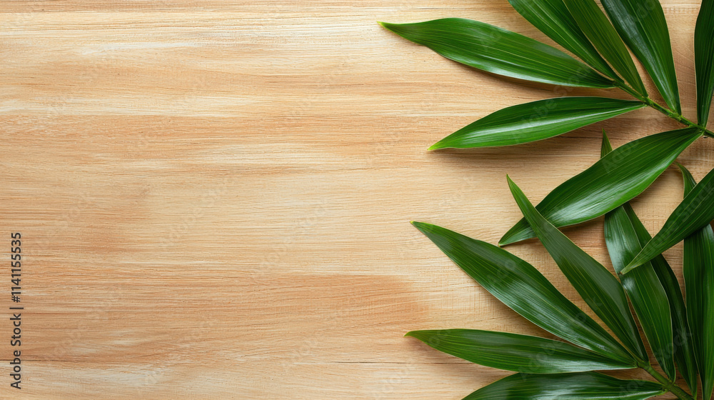 Close up of glossy green tropical leaves on wooden background, creating serene and natural atmosphere Close up of glossy green tropical leaves on wooden background, creating serene and natural atmosphere