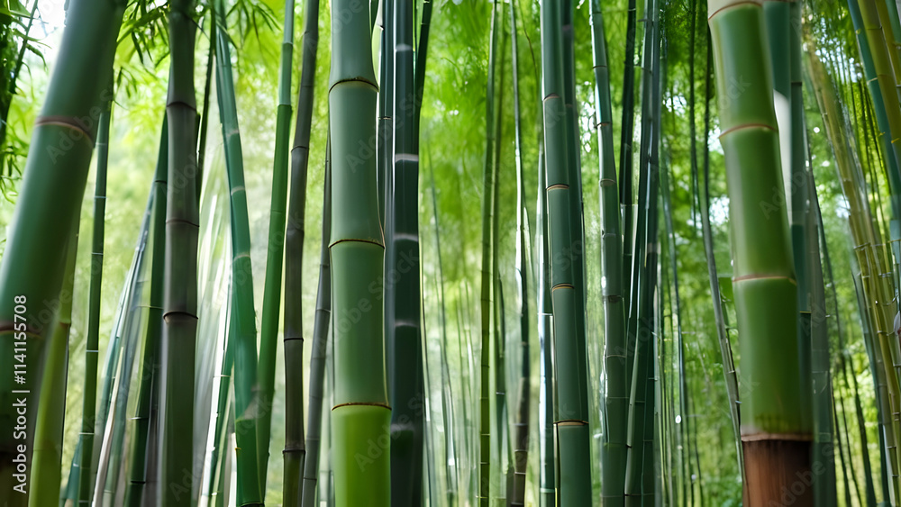 Obraz premium Lush green bamboo trees in a serene forest setting, with a softly blurred background.
