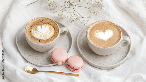 Flat Lay of Romantic Coffee Cups and Pink Macarons, alentine’s Day Coffee Date Setup with Neutral Aesthetic photo