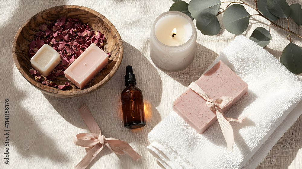 Luxury Valentine’s Day Spa Gift Set with Towels, Scented Candles, Essential Oil Bottle, and Pink Rose Petals on a Neutral Background Luxury Valentine’s Day Spa Gift Set with Towels, Scented Candles, Essential Oil Bottle, and Pink Rose Petals on a Neutral Background