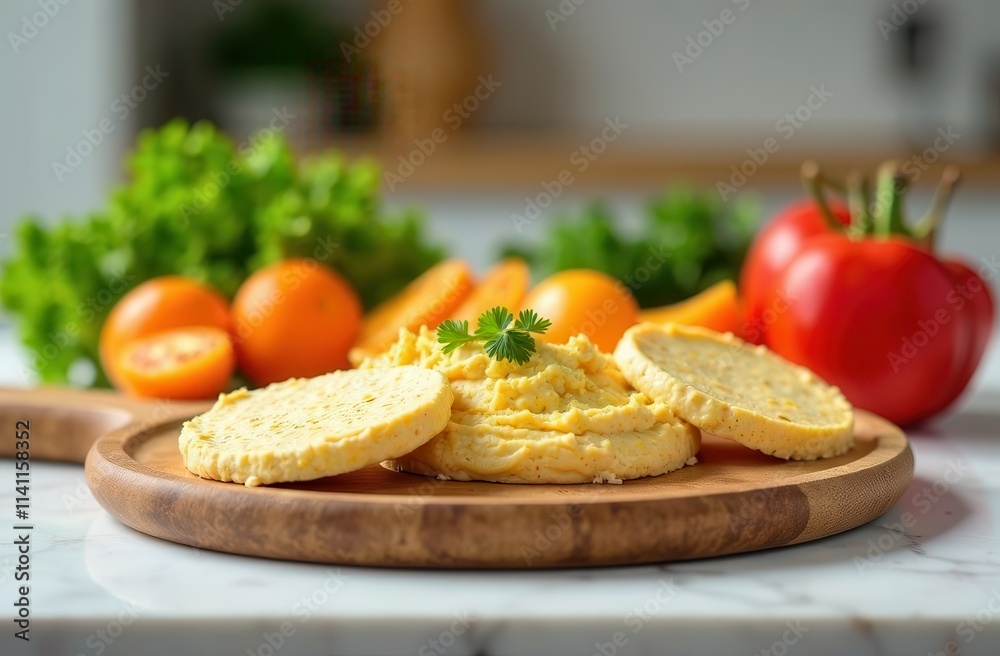 Fresh homemade cheese on wooden board with vegetables and oranges in kitchen setting Fresh homemade cheese on wooden board with vegetables and oranges in kitchen setting