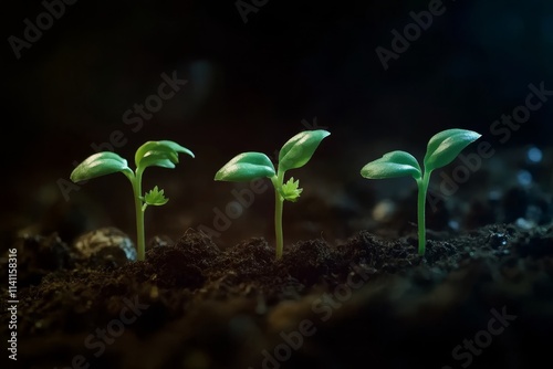 Three small green seedlings growing in dark soil. photo