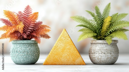 A triangular podium in a clean, bright palette of yellow, teal, and coral, adorned with an array of leaves like ferns and palm fronds, placed on a soft, neutral background. photo