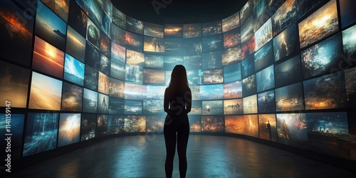 Woman Immersed in Digital Art Installation with Multiple Screens Showcasing Multimedia Content and Online Broadcasting photo