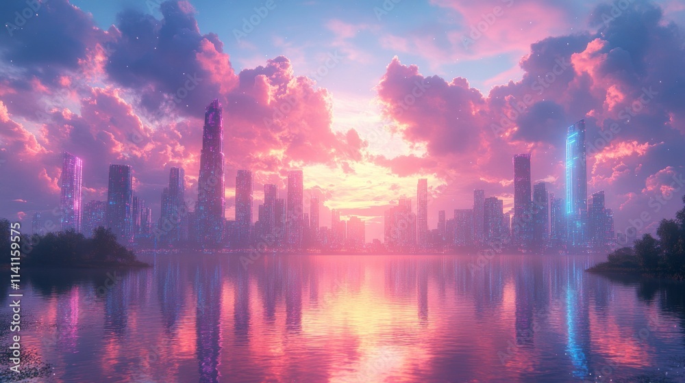 Futuristic Cyberpunk Cityscape with Neon Skyscrapers at Dusk Futuristic Cyberpunk Cityscape with Neon Skyscrapers at Dusk