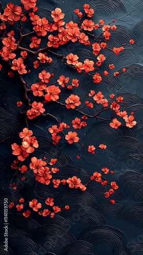 Vibrant sakura petals over a dark gradient background with Japanese wave designs
