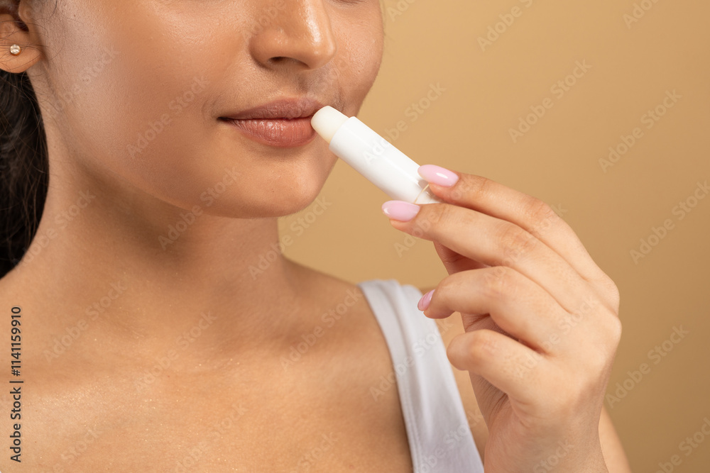 A young Indian woman applies lip balm to nourish her lips, focused on her beauty routine. She showcases self-care in a calming, isolated environment, emphasizing skin pampering. A young Indian woman applies lip balm to nourish her lips, focused on her beauty routine. She showcases self-care in a calming, isolated environment, emphasizing skin pampering.