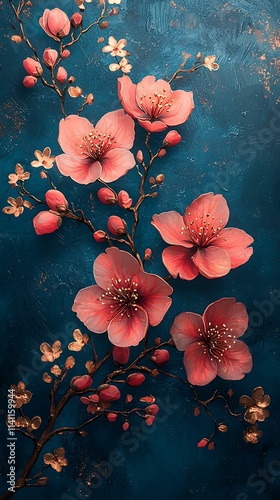 Bold cherry blossom motifs on a dark teal background with golden highlights photo