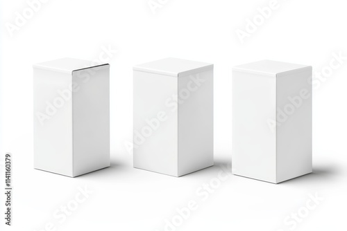 Three white rectangular boxes on a white background