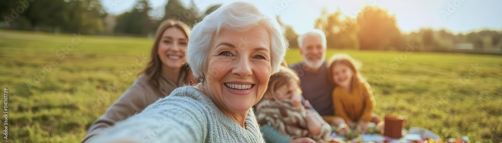 A happy senior parent capturing a selfie during a family picnic A happy senior parent capturing a selfie during a family picnic