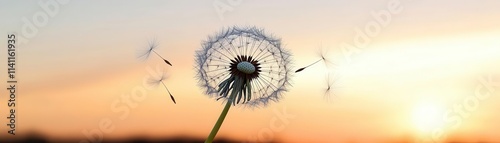 A single dandelion releasing seeds into the air, symbolizing dreams carried by the wind focus on, fleeting moments concept, ethereal, overlay, sunset horizon backdrop photo