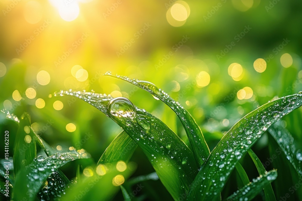 Close-up of a dewdrop on a blade of grass reflecting the greenery of a misty morning meadow Close-up of a dewdrop on a blade of grass reflecting the greenery of a misty morning meadow