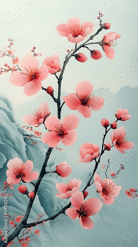 Minimalist sakura blossoms with traditional Japanese wave designs on a pale blue background