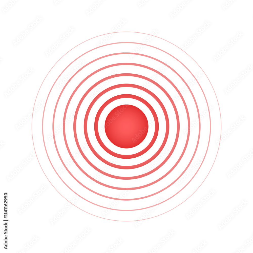 Red concentric circles with point in center. Target or aim, pain localization icon. Sore, ache or inflammation symbol. Pulse, vibration or radiation sign. Sound signal pictogram. Vector illustration. Red concentric circles with point in center. Target or aim, pain localization icon. Sore, ache or inflammation symbol. Pulse, vibration or radiation sign. Sound signal pictogram. Vector illustration.