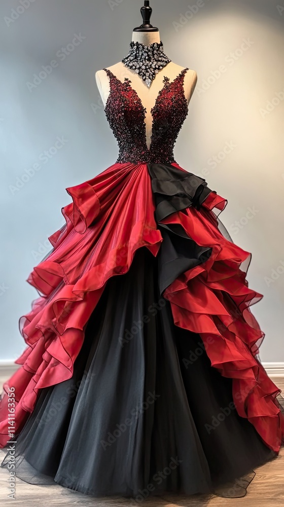 Elegant Red And Black Beaded Ball Gown Elegant Red And Black Beaded Ball Gown