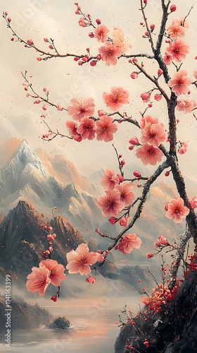 Stylized cherry blossoms and traditional Japanese checkerboard patterns in pastel tones