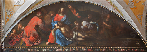 PADUA, ITALY - SEPTEMBER 10, 2014: Paint of Deposition of the cross scene in the church Chiesa di San Gaetano and the chapel of the Crucifixion by unknown painter from 17th century photo