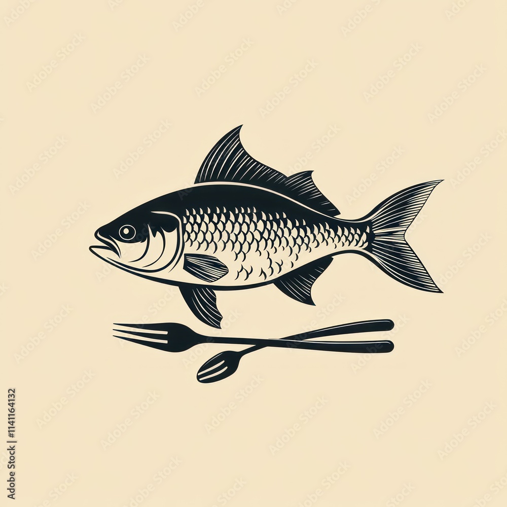 Fototapeta premium A stylized fish illustration accompanied by a fork and knife, symbolizing seafood dining.
