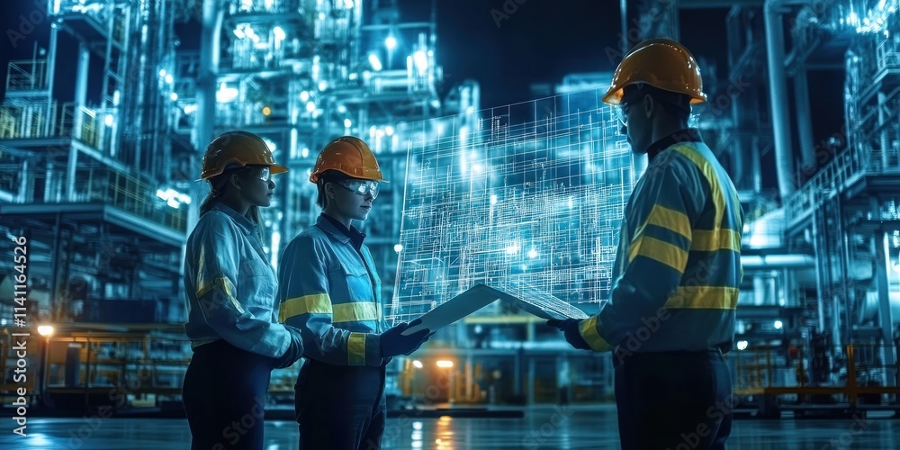 Futuristic Engineers at Digitalized Manufacturing Factory with Virtual Blueprints and Safety Gear Futuristic Engineers at Digitalized Manufacturing Factory with Virtual Blueprints and Safety Gear
