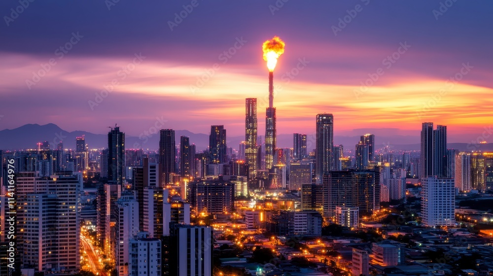 Naklejka premium A stunning city skyline at dusk, featuring a glowing tower amidst modern buildings, with vibrant colors painting the sky.