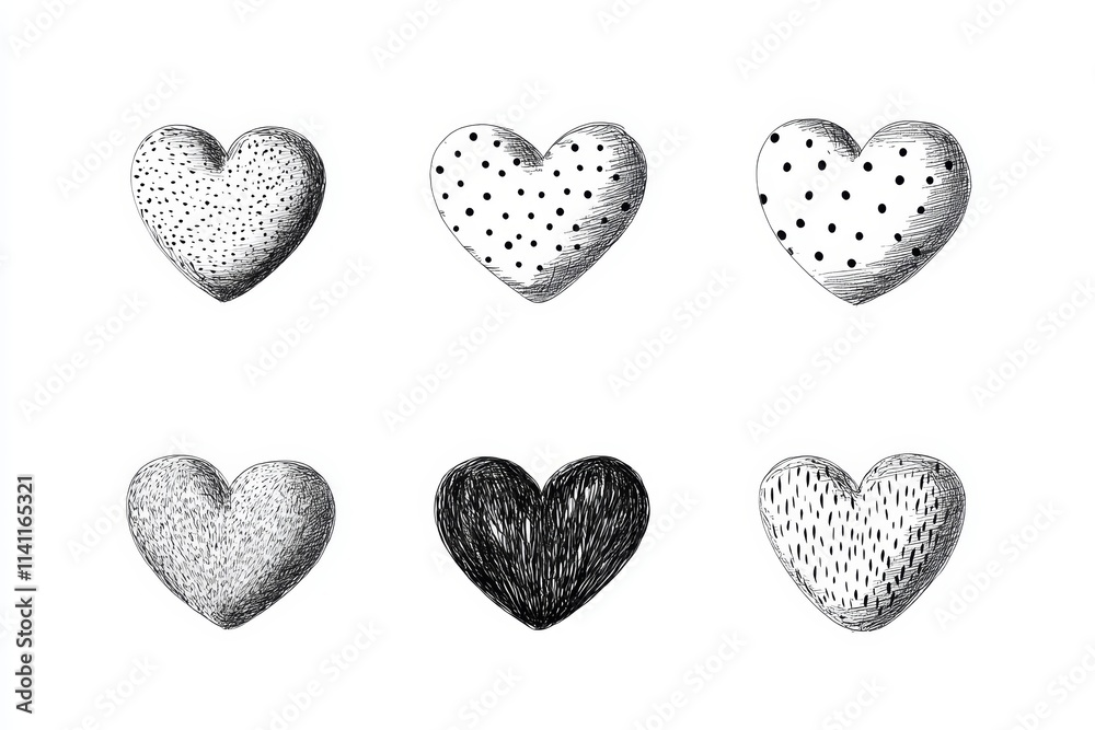 Fototapeta premium Hand-drawn black and white textured hearts collection