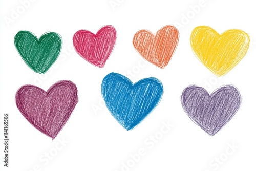 Colorful crayon hearts on white background