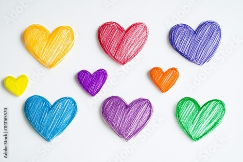 Colorful crayon hearts on white background