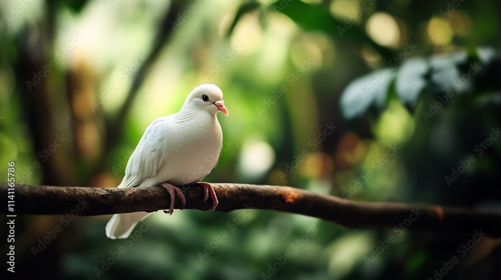 Serene White Dove Perched on a Branch in Lush Greenery Serene White Dove Perched on a Branch in Lush Greenery