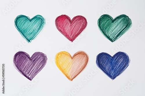 Colorful hand-drawn hearts in various shades on white background