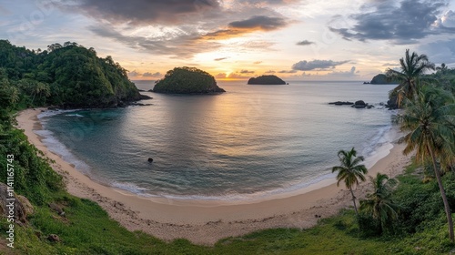 Serene Tropical Sunset Over Calming Beach with Lush Greenery