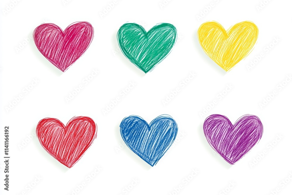 Colorful hand-drawn hearts in red, green, blue, yellow, purple, pink on white background Colorful hand-drawn hearts in red, green, blue, yellow, purple, pink on white background