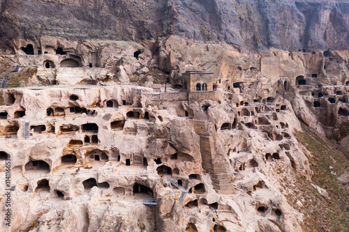 Impressive view of caves of Vardzia monastery complex carved in crag, one of main landmark of southern Georgia