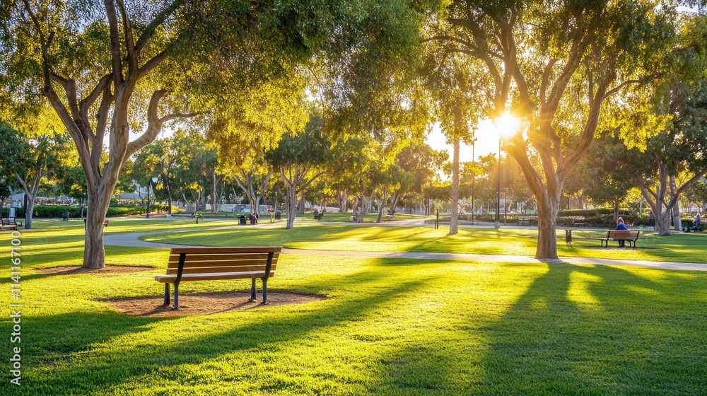 Serene Park Scene with Sunlight, Green Grass and Wooden Benches Serene Park Scene with Sunlight, Green Grass and Wooden Benches
