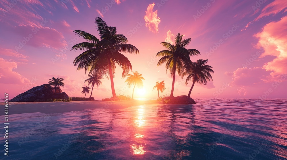 Obraz premium Sunset Over Tropical Beach with Palm Trees and Colorful Sky