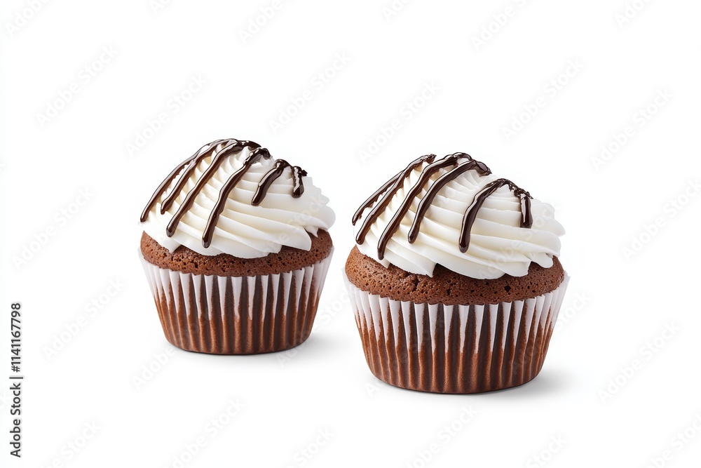 Two chocolate cupcakes with vanilla frosting and chocolate drizzle Two chocolate cupcakes with vanilla frosting and chocolate drizzle