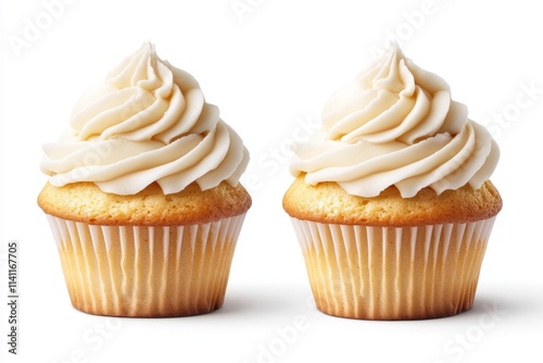 Two vanilla cupcakes with creamy swirls of frosting on white background