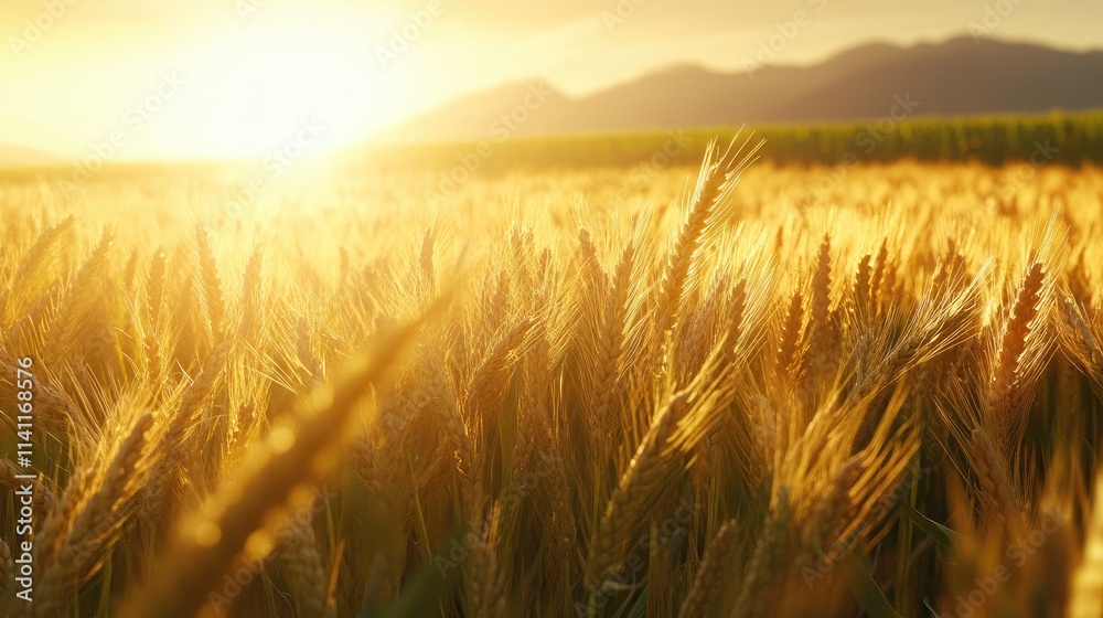 Obraz premium Golden Wheat Field at Sunset Illuminating Rural Landscape Beauty