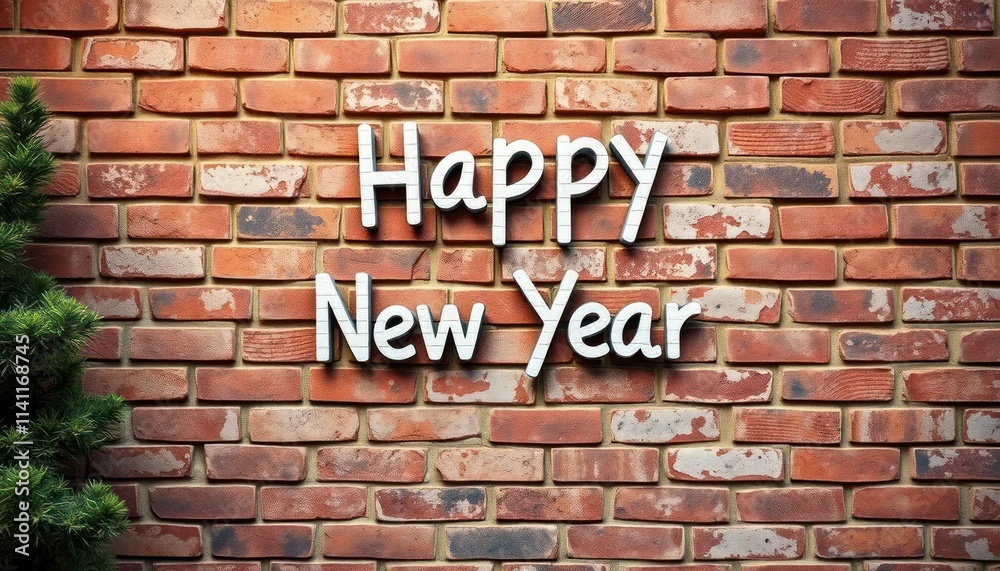 A festive greeting displayed on a brick wall, celebrating the New Year. A festive greeting displayed on a brick wall, celebrating the New Year.