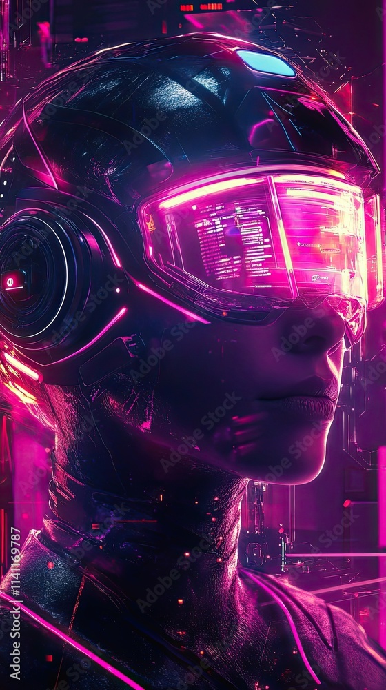 Cyberpunk Woman Wearing Futuristic Helmet With Neon Lights Cyberpunk Woman Wearing Futuristic Helmet With Neon Lights