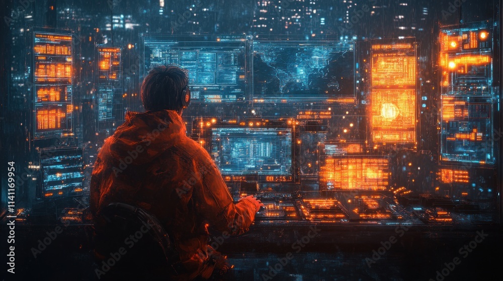 Cyberpunk Calibration Technician at High-Tech Workstation with Neon Lighting and Glowing Screens Cyberpunk Calibration Technician at High-Tech Workstation with Neon Lighting and Glowing Screens