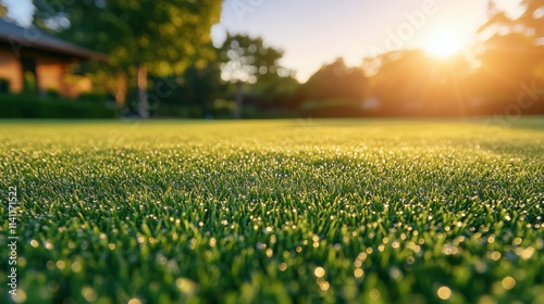 Close-up of dew-covered fresh green grass, capturing the natural beauty and tranquility of the outdoors, perfect for nature and environmental stock visuals.