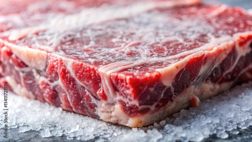 Extreme close-up shot of a frozen raw beef slab, raw, beef, frozen, close-up, meat, fresh, texture, food, ingredient, uncooked, steak