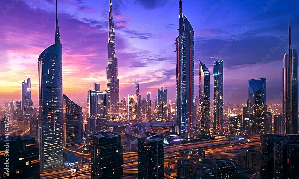 Dubai Skyline at Twilight: Iconic Towers and City Lights