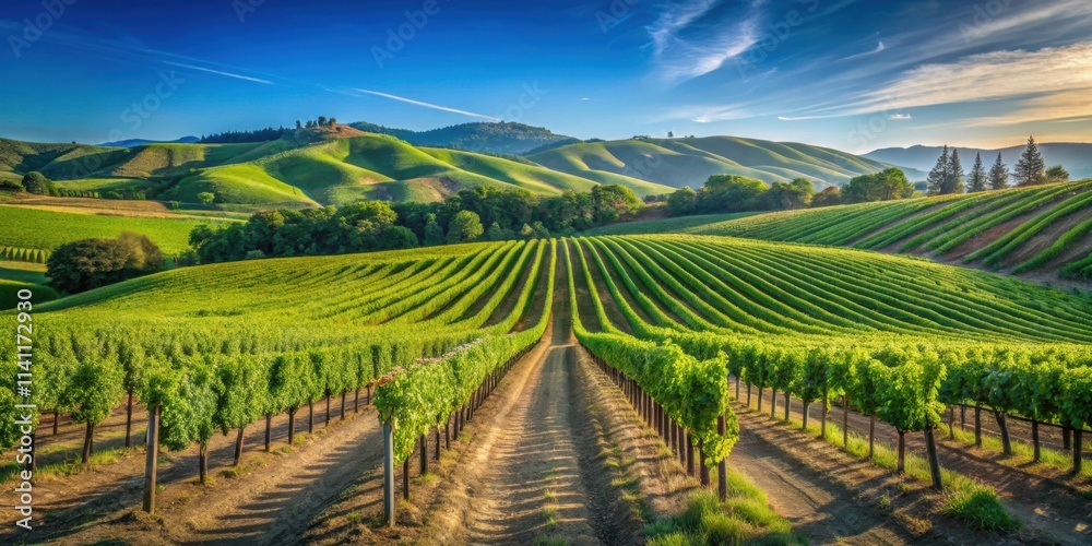 Naklejka premium Rolling hills of a lush vineyard with rows of grapevines under a blue sky , vineyard, landscape, agriculture, winery, scenic