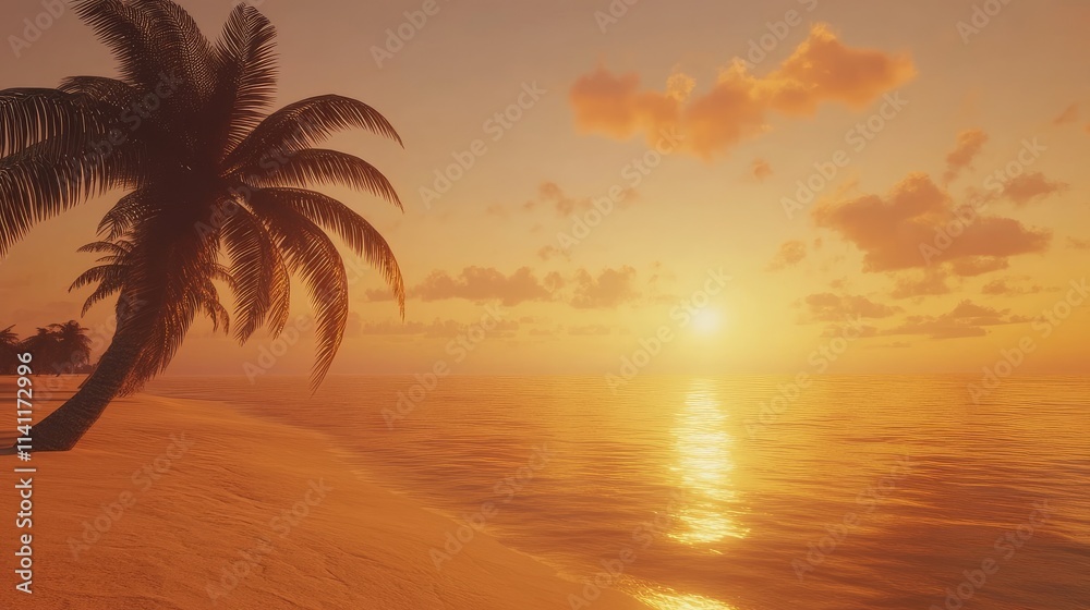Serene Sunset Over Calm Ocean with Palm Trees on Tranquil Beach Serene Sunset Over Calm Ocean with Palm Trees on Tranquil Beach